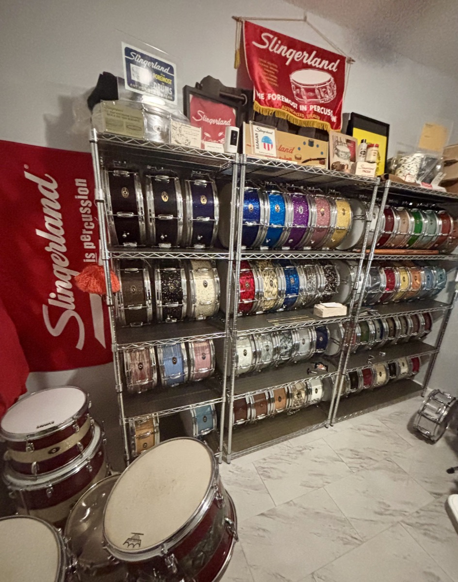 Slingerland snare collection with banners and memorabilia