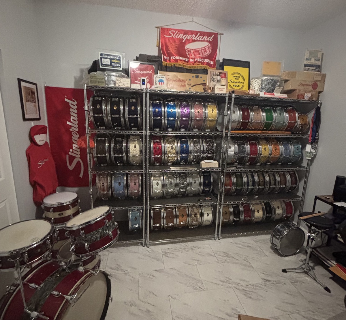 Wall of vintage Slingerland snare drums