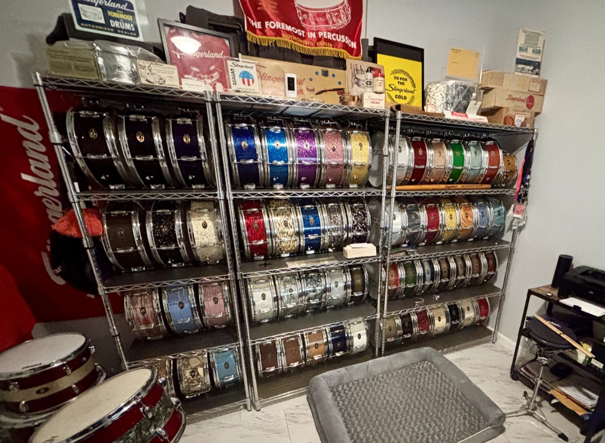 Slingerland snare collection on display shelves