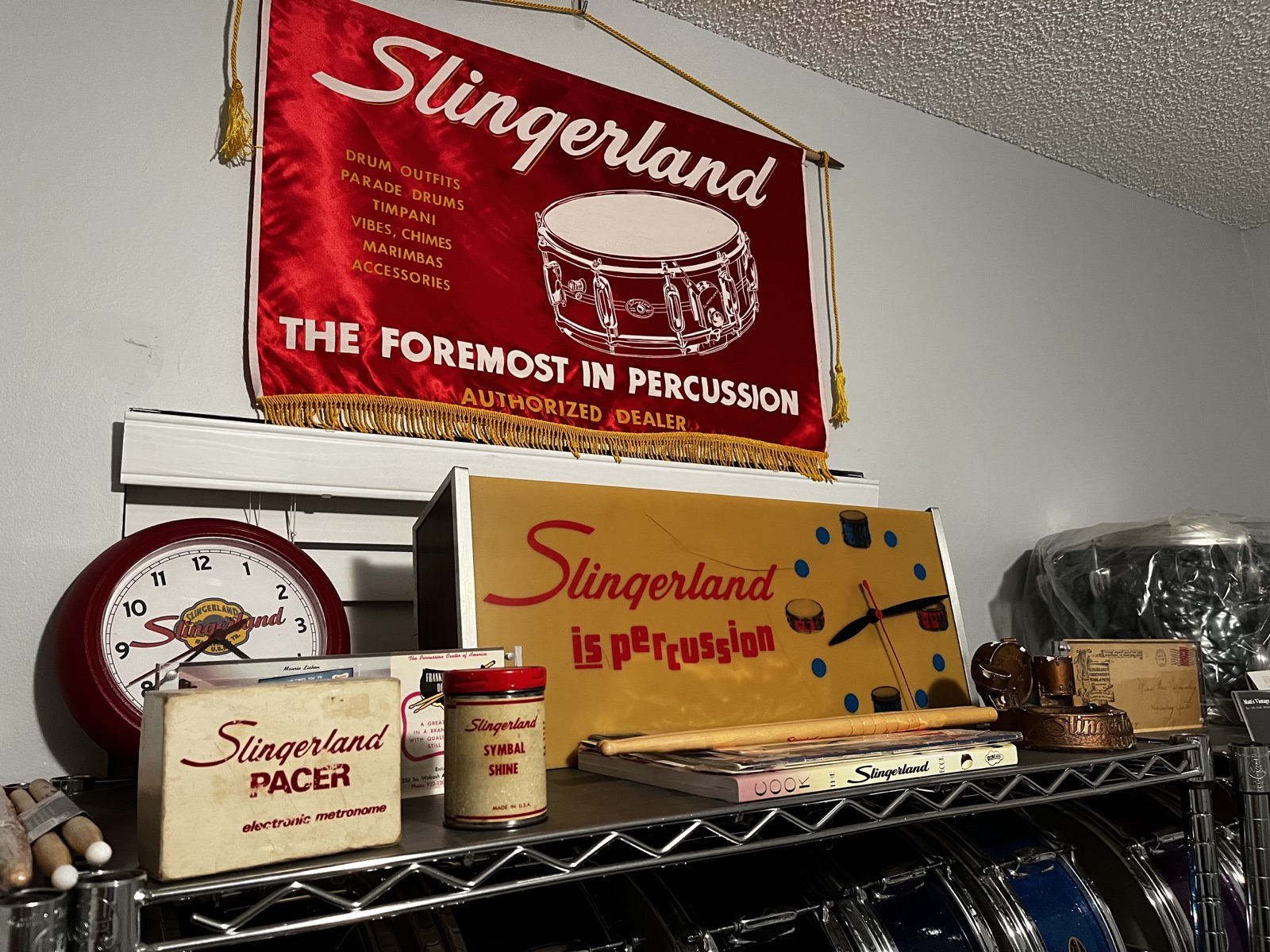 Vintage Slingerland banner and collection memorabilia